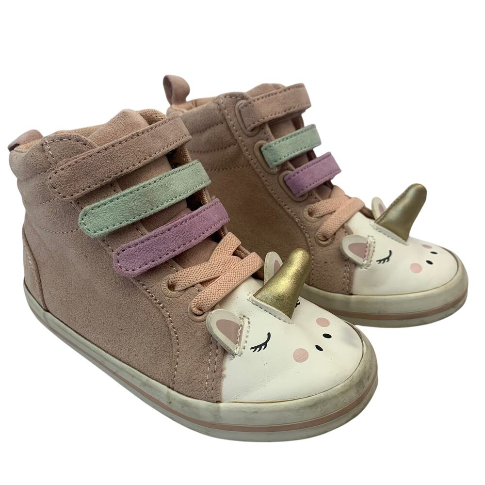 Unicorn Toddler Girls Sz 8 High Top Zip Up Sneakers Pink Glittery Unicorn Face